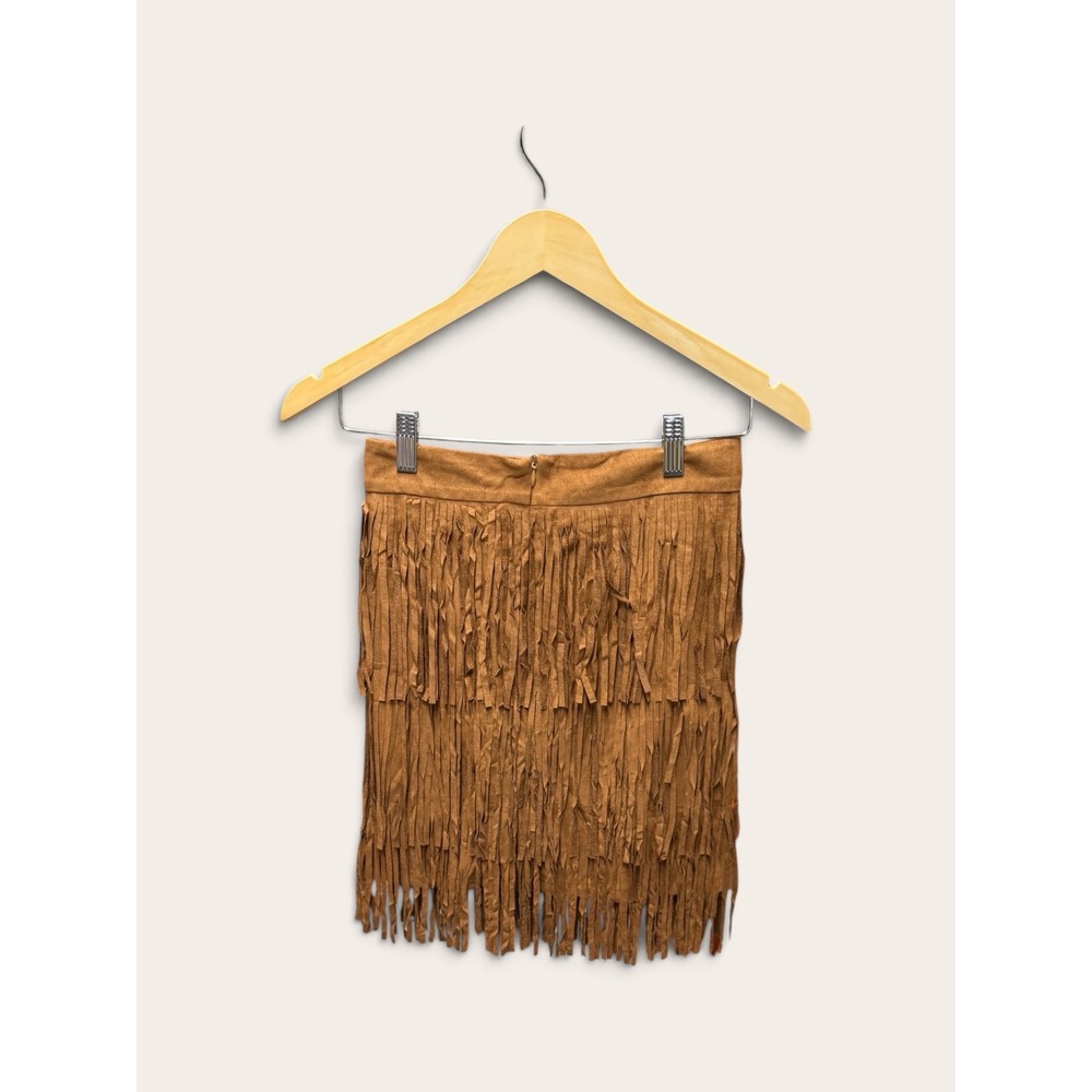 Neslay Design Brown Faux Suede Fringe Mini Skirt Western Boho Tan Small NWT